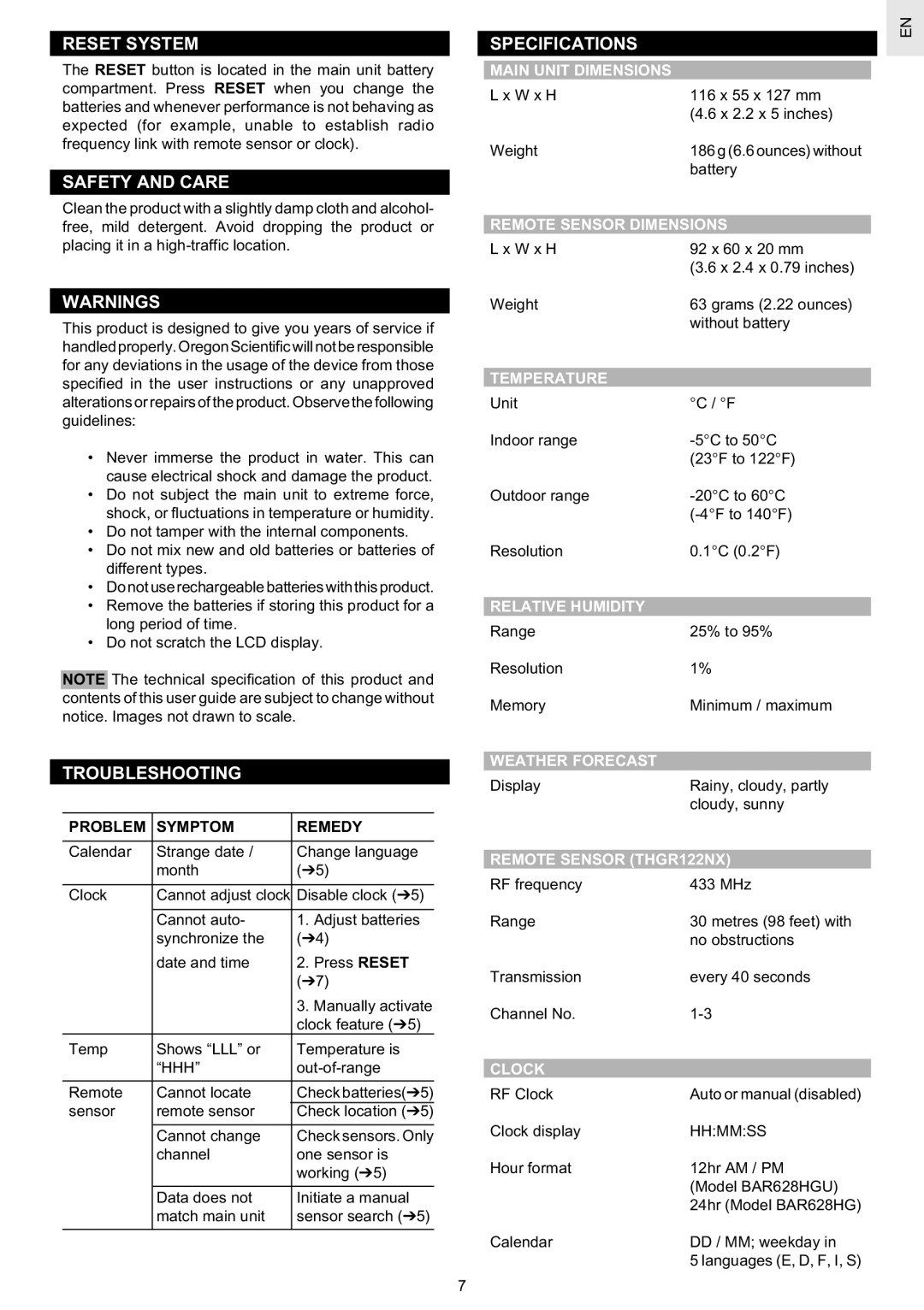 Oregon Scientific BAR628HG / BAR628HGU user manual Reset System, Safety and Care, Troubleshooting, Specifications 