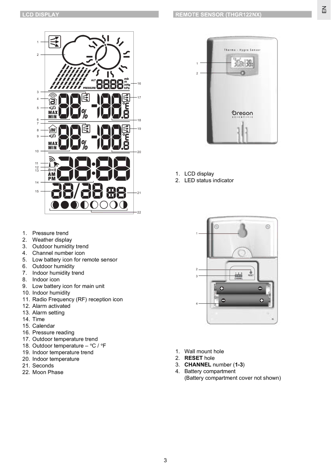 Oregon Scientific BAR629HGU user manual LCD Display Remote Sensor THGR122NX, Pressure trend 