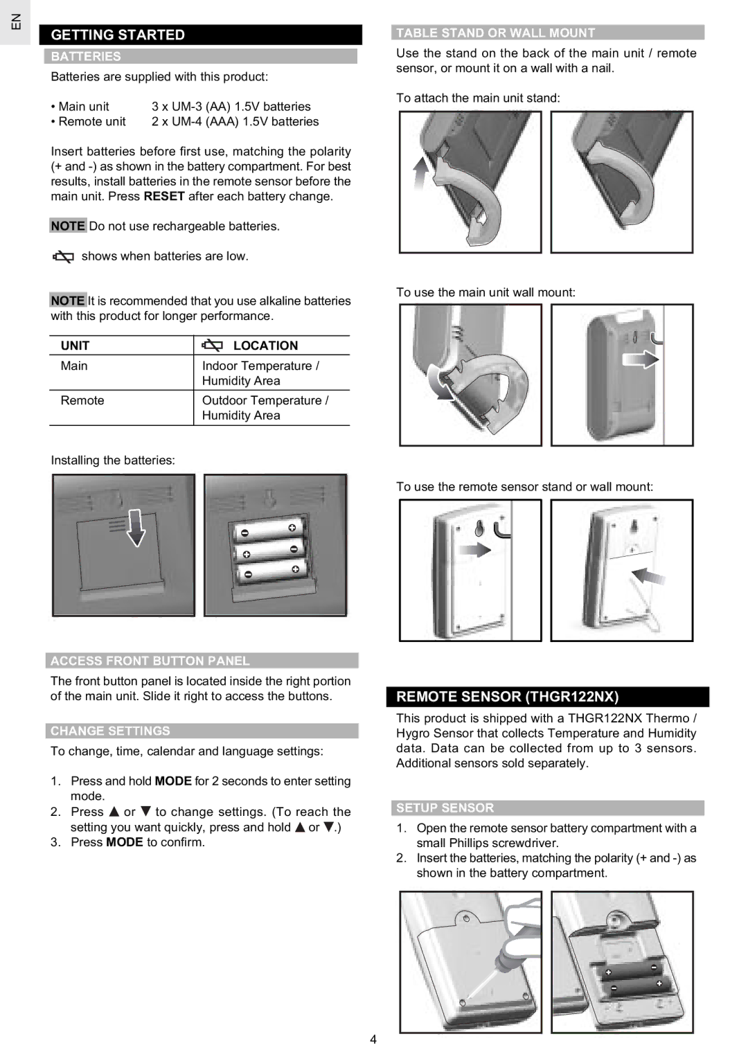 Oregon Scientific BAR629HGU user manual Getting Started, Remote Sensor THGR122NX 