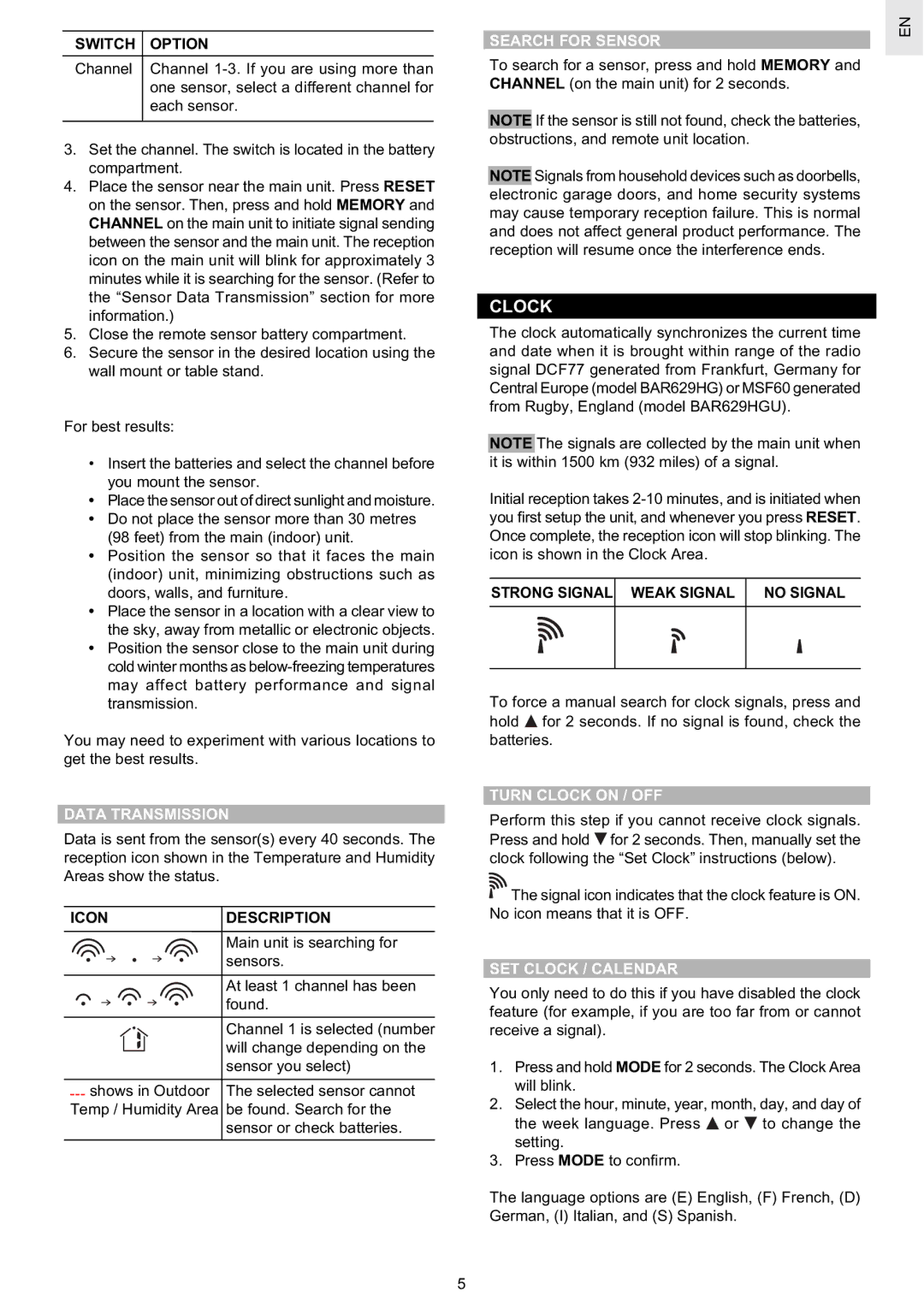 Oregon Scientific BAR629HGU Data Transmission, Search for Sensor, Turn Clock on / OFF, SET Clock / Calendar 