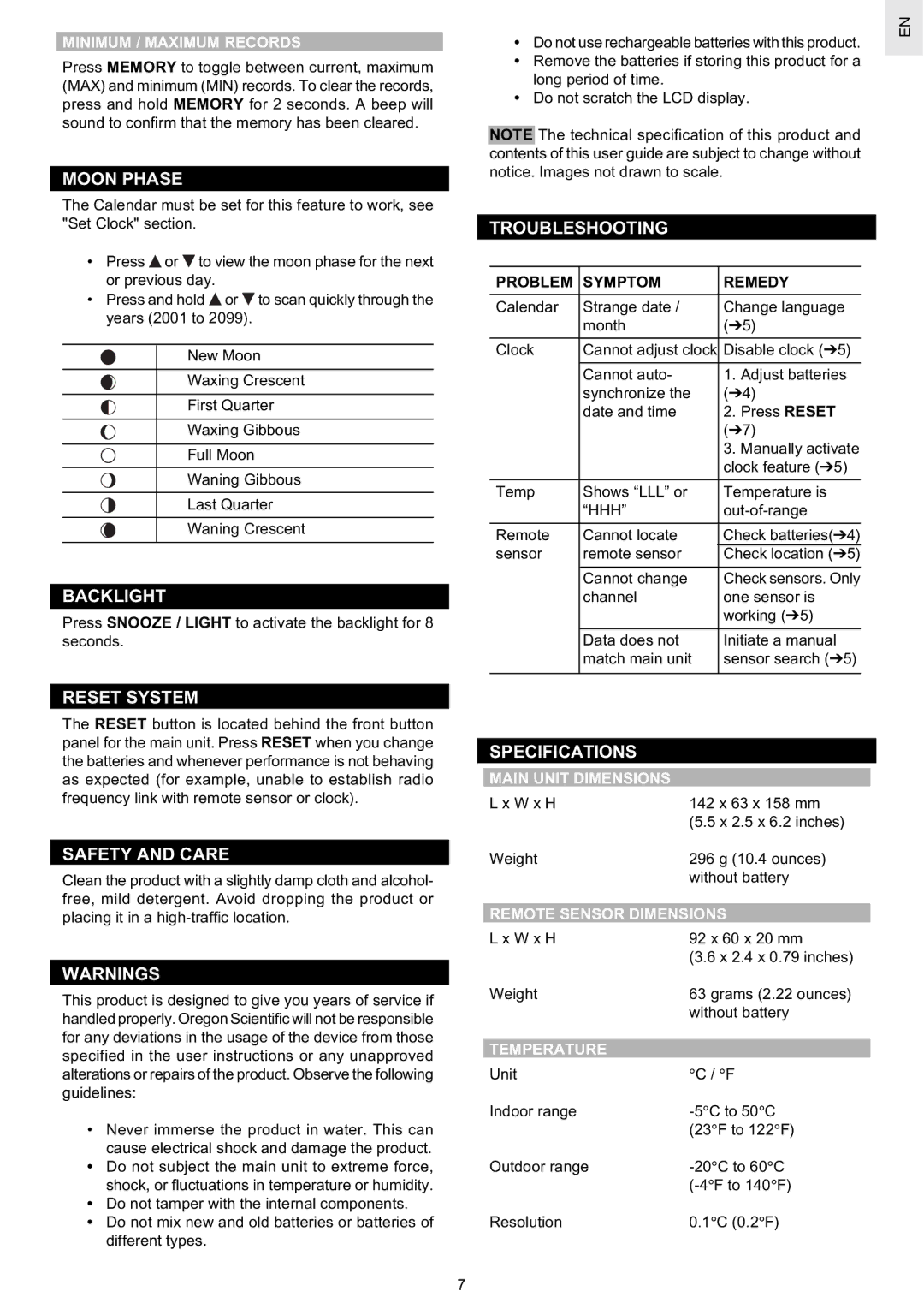 Oregon Scientific BAR629HG Moon Phase, Backlight, Reset System, Safety and Care, Troubleshooting, Specifications 