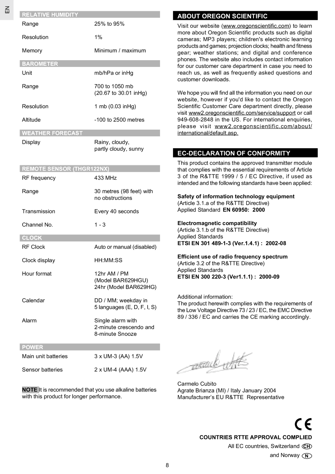 Oregon Scientific BAR629HGU user manual About Oregon Scientific EC-DECLARATION of Conformity 