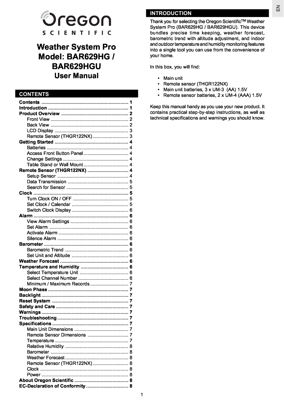Oregon Scientific user manual Weather System Pro, Model BAR629HG, Contents, Introduction, BAR629HGU 