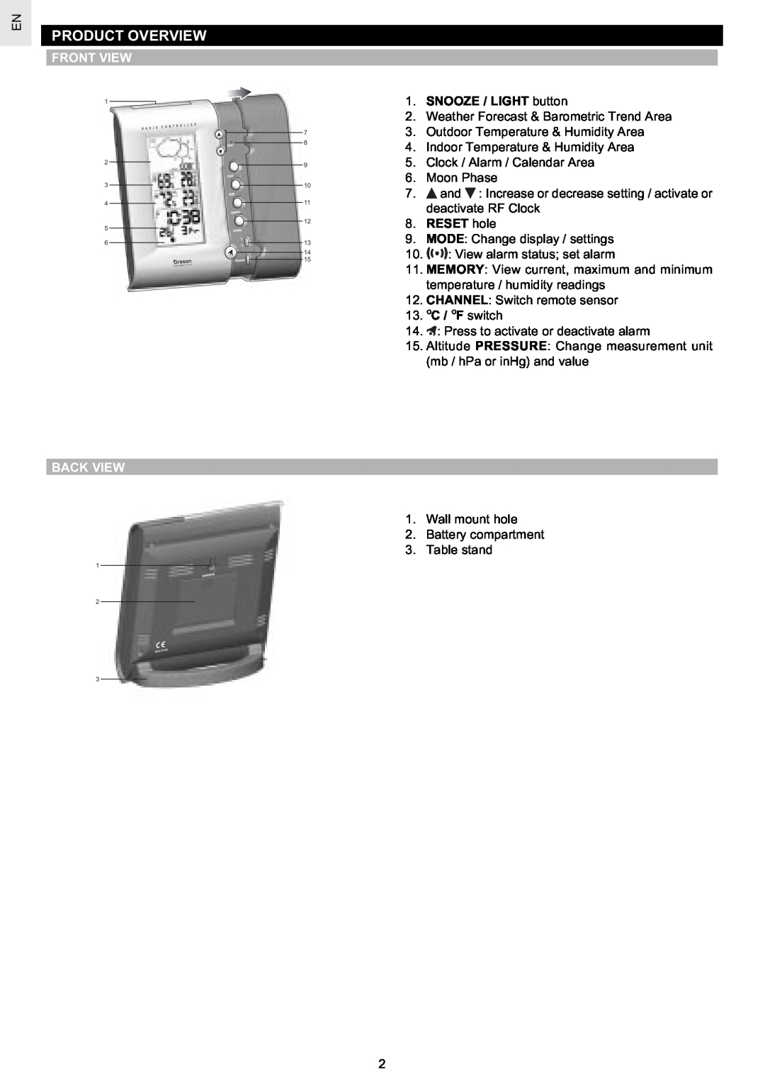 Oregon Scientific BAR629HGU Product Overview, Front View, SNOOZE / LIGHT button, RESET hole, 13. C / F switch, Back View 