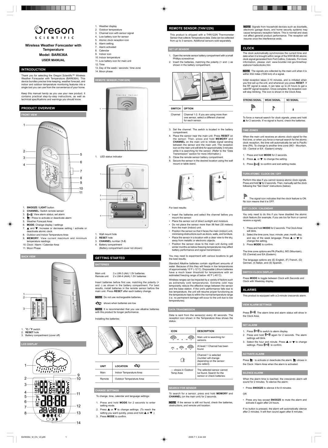 Oregon Scientific BAR636A user manual Introduction, Product Overview, Getting Started, Remote Sensor THN122N, Clock 