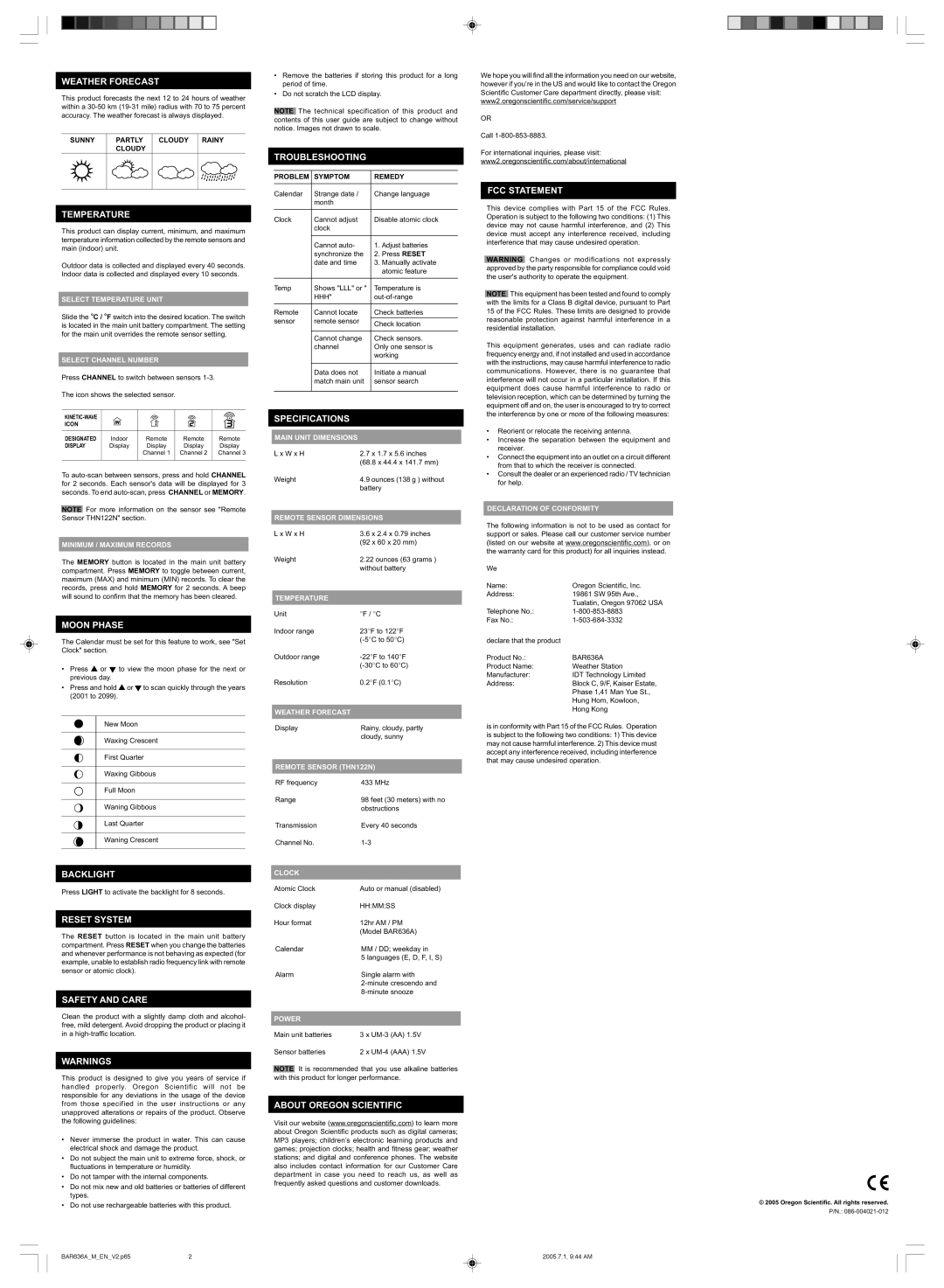 Oregon Scientific BAR636A user manual Weather Forecast, Temperature, Moon Phase, Backlight, Reset System, Safety and Care 