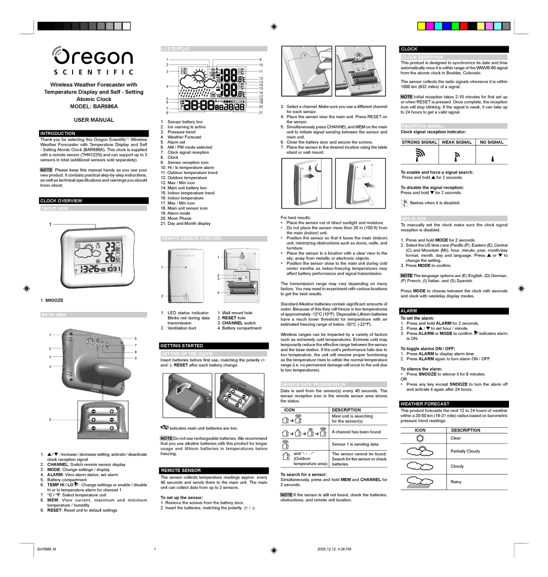 Oregon Scientific BAR686A user manual Introduction, Clock Overview, Getting Started, Remote Sensor, Alarm 