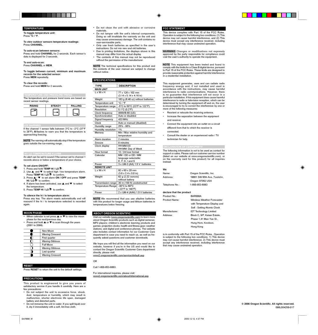 Oregon Scientific BAR686A user manual Temperature, Specifications, FCC Statement, Moon Phase, Reset, Precautions 