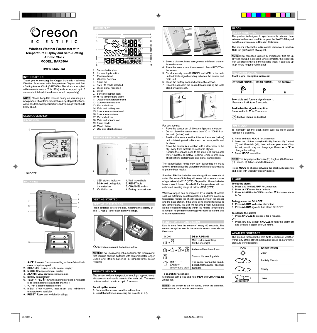 Oregon Scientific BAR686A user manual Introduction, Clock Overview, Getting Started, Remote Sensor, Alarm, Front View 