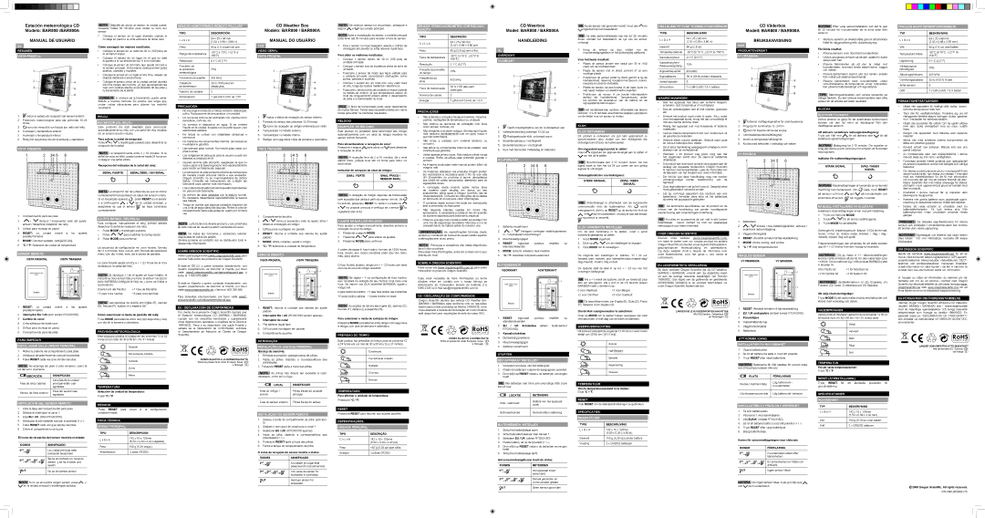 Oregon Scientific BAR800 Resumen Vista Frontal, Vista Trasera, Instalación DEL Sensor Remoto, Ajuste Manual DEL Reloj 