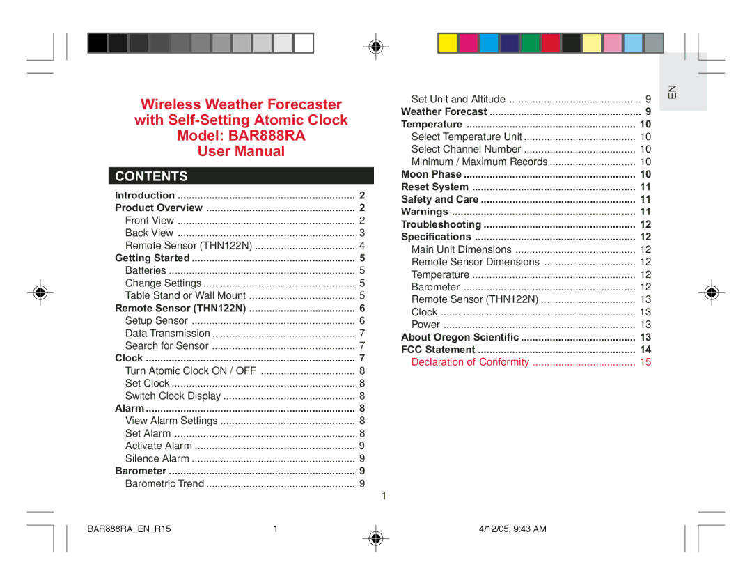 Oregon Scientific user manual With Self-Setting Atomic Clock Model BAR888RA, Contents 