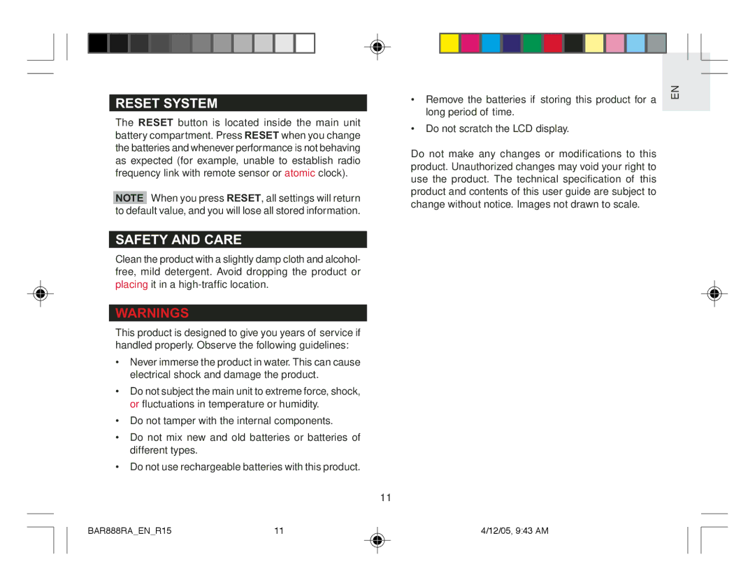 Oregon Scientific BAR888RA user manual Reset System, Safety and Care 