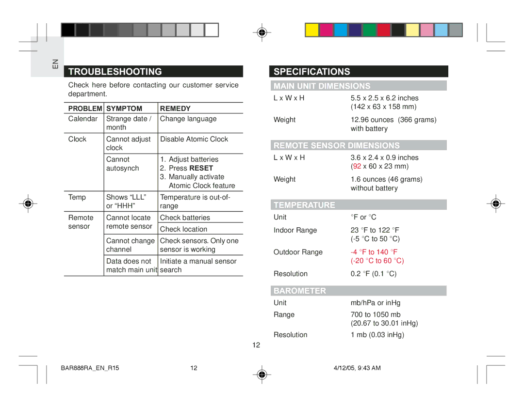 Oregon Scientific BAR888RA user manual Troubleshooting, Specifications 