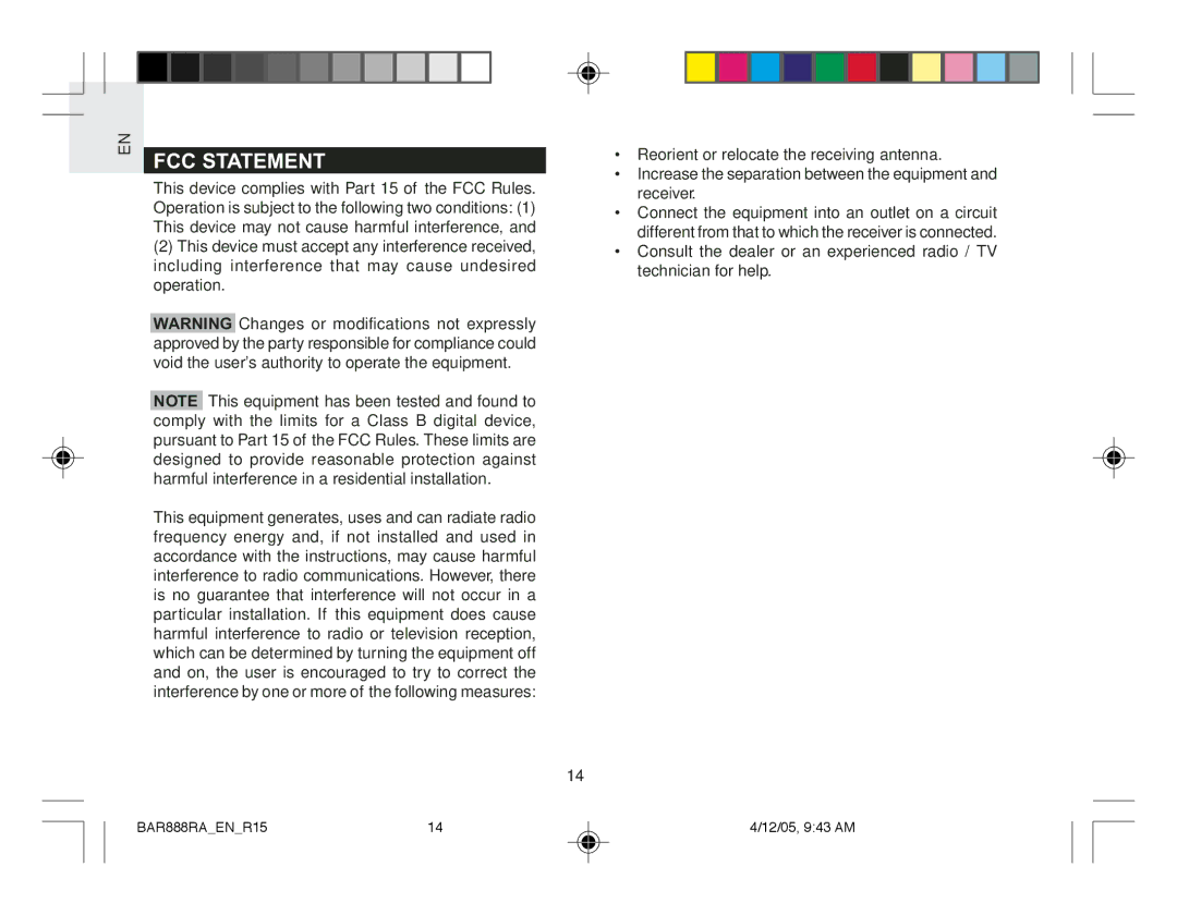 Oregon Scientific BAR888RA user manual FCC Statement 