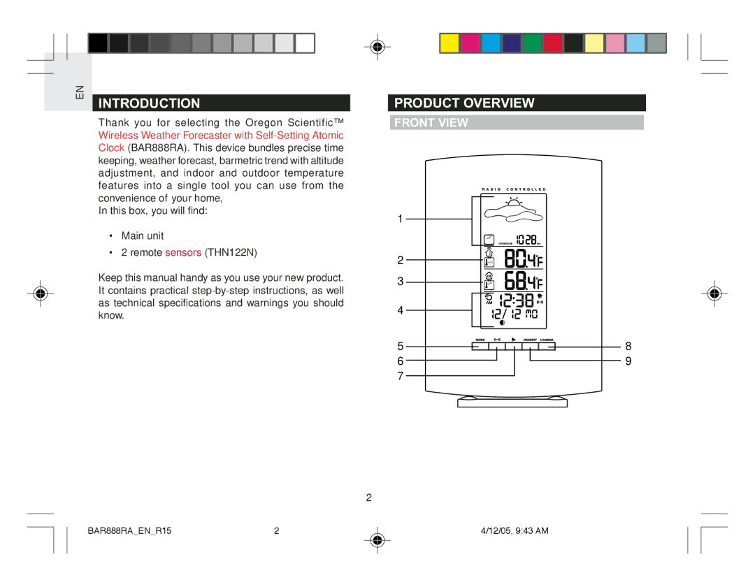 Oregon Scientific BAR888RA user manual Introduction, Product Overview, Front View 