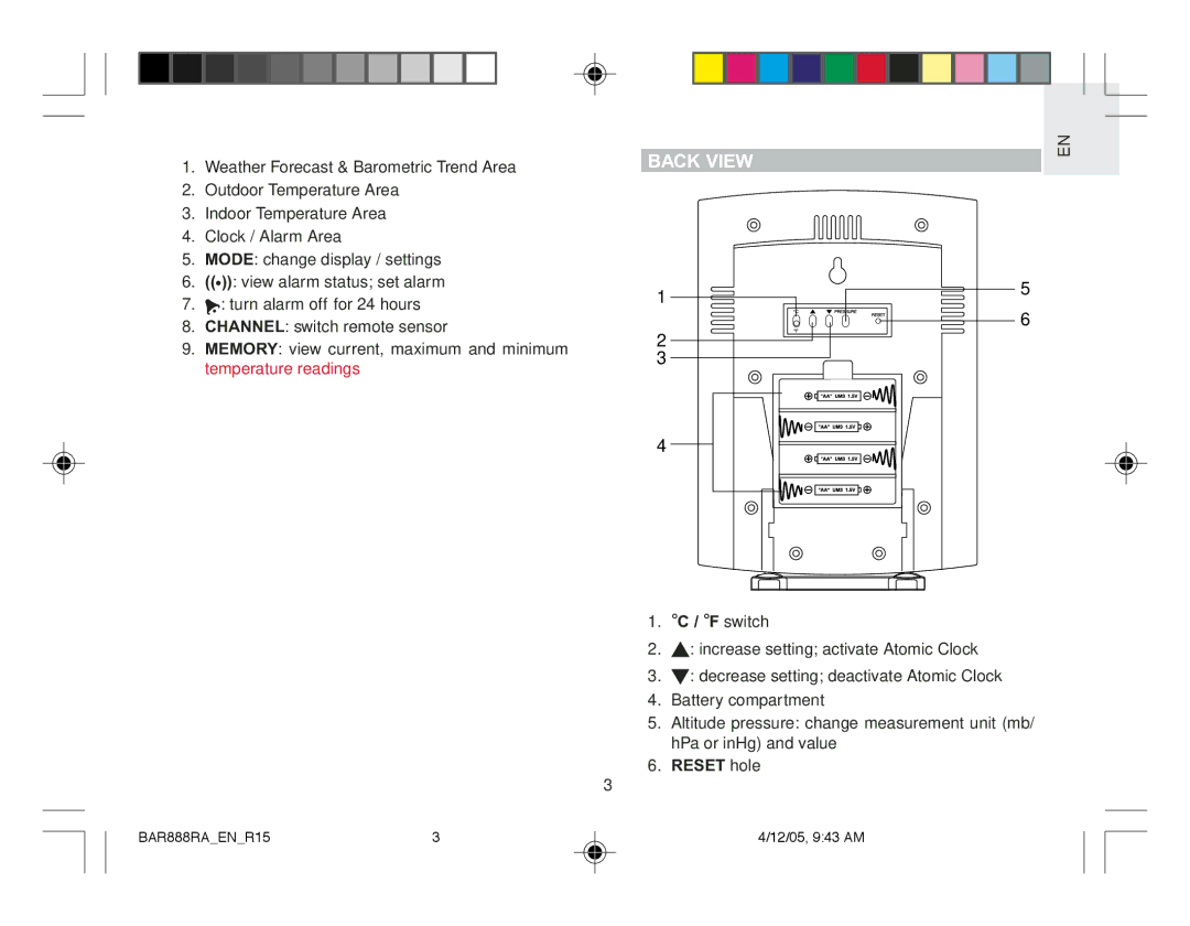 Oregon Scientific BAR888RA user manual Back View, F switch 