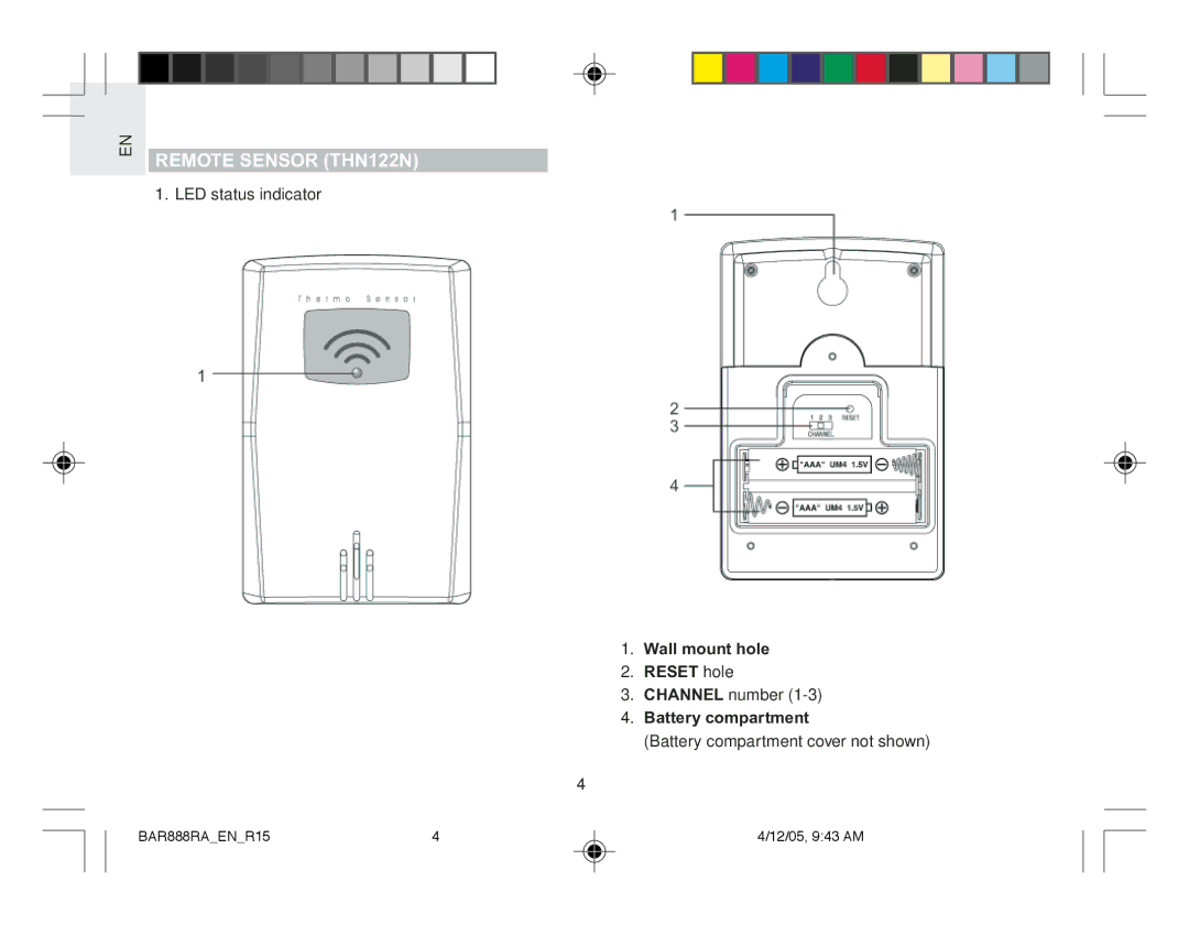 Oregon Scientific BAR888RA user manual Remote Sensor THN122N 