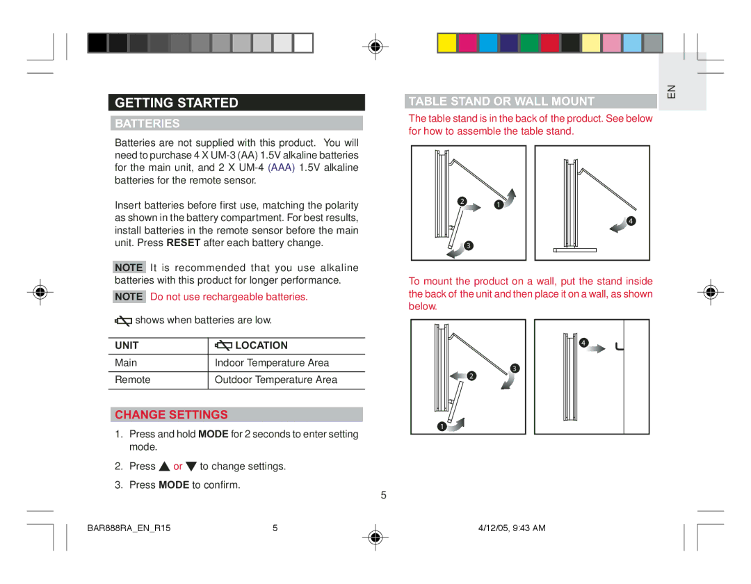 Oregon Scientific BAR888RA user manual Getting Started, Batteries, Table Stand or Wall Mount, Unit Location 