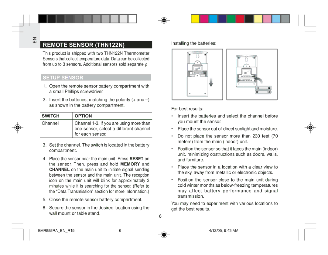 Oregon Scientific BAR888RA user manual Remote Sensor THN122N, Setup Sensor, Switch Option 