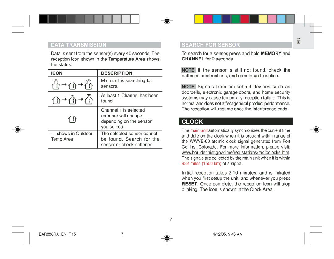 Oregon Scientific BAR888RA user manual Clock, Data Transmission, Search for Sensor, Icon Description 