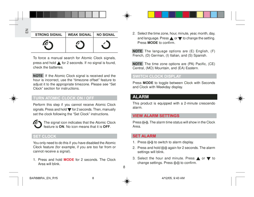 Oregon Scientific BAR888RA user manual Alarm, Turn Atomic Clock on / OFF, Switch Clock Display, SET Clock 
