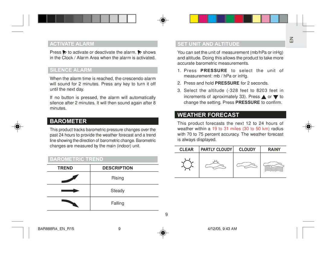 Oregon Scientific BAR888RA user manual Barometer, Weather Forecast 