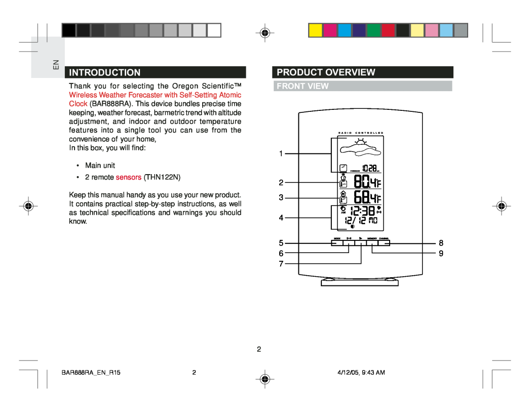 Oregon Scientific BAR888RA user manual Introduction, Product Overview, Front View 