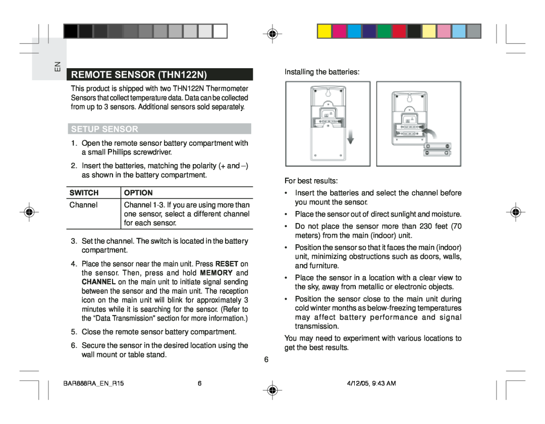 Oregon Scientific BAR888RA user manual REMOTE SENSOR THN122N, Setup Sensor, Switch, Option 