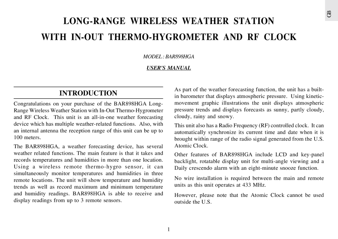 Oregon Scientific BAR898HGA user manual Introduction 