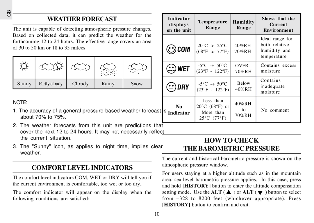 Oregon Scientific BAR898HGA user manual GB Weather Forecast, Comfort Level Indicators, HOW to Check Barometric Pressure 