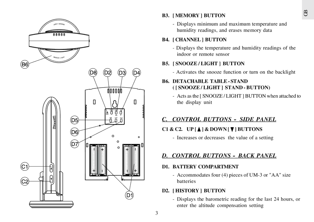 Oregon Scientific BAR898HGA B3. Memory Button, B4. Channel Button, B5. Snooze / Light Button, D1. Battery Compartment 