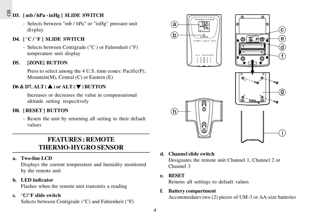 Oregon Scientific BAR898HGA user manual Features Remote THERMO-HYGRO Sensor, D5. Zone Button, D8. Reset Button 