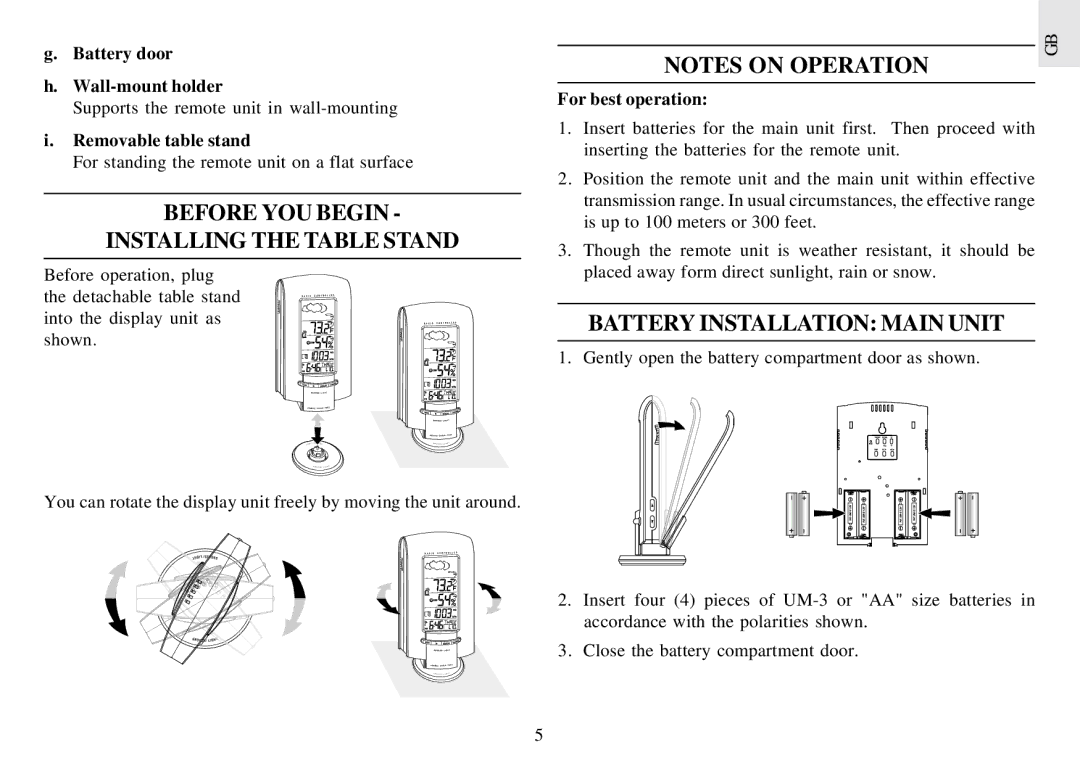 Oregon Scientific BAR898HGA user manual Before YOU Begin Installing the Table Stand, Battery Installation Main Unit 