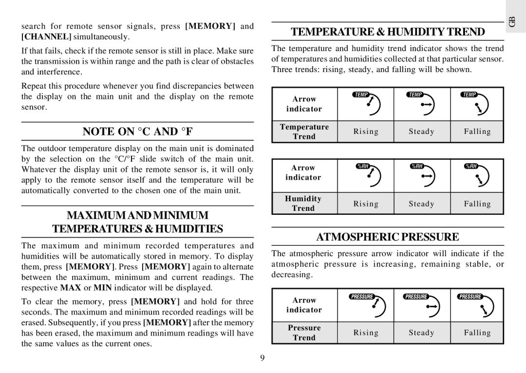 Oregon Scientific BAR898HGA user manual Maximum and Minimum Temperatures & Humidities, Temperature & Humidity Trend 