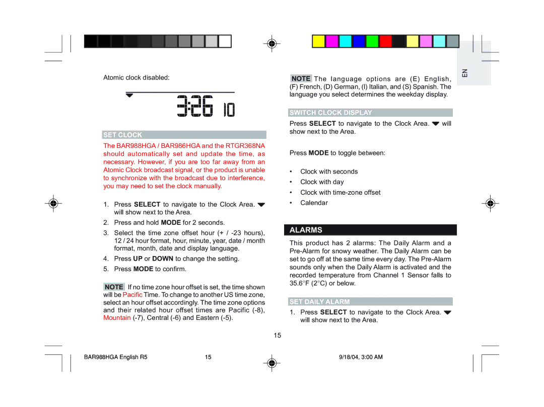 Oregon Scientific BAR986HGA, BAR988HGA user manual Alarms, SET Clock, Switch Clock Display, SET Daily Alarm 