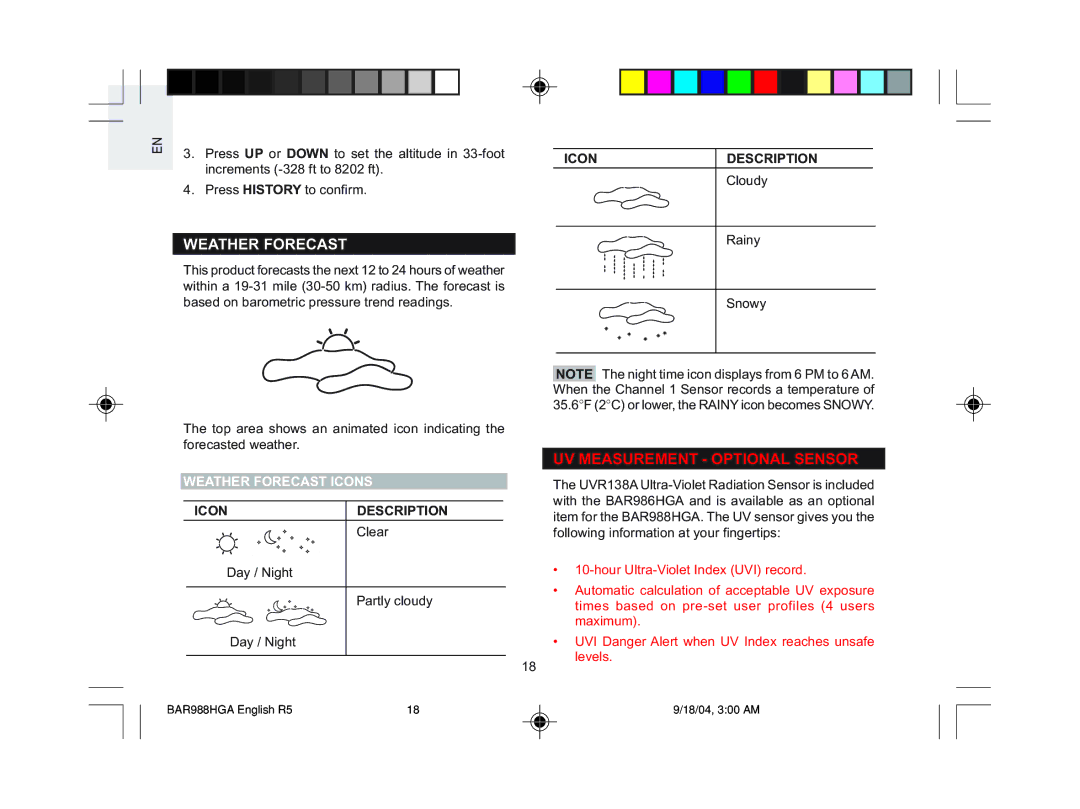 Oregon Scientific BAR988HGA, BAR986HGA user manual Weather Forecast Icons 