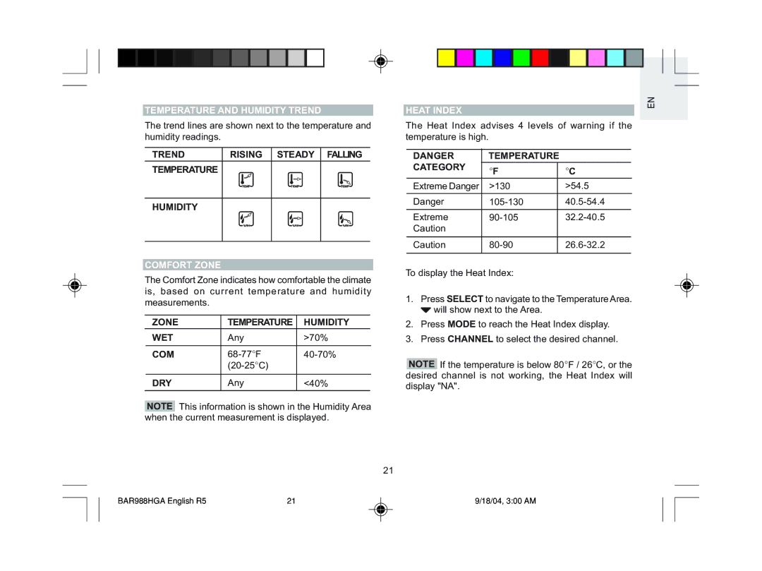 Oregon Scientific BAR986HGA, BAR988HGA user manual Temperature and Humidity Trend, Comfort Zone, Heat Index 