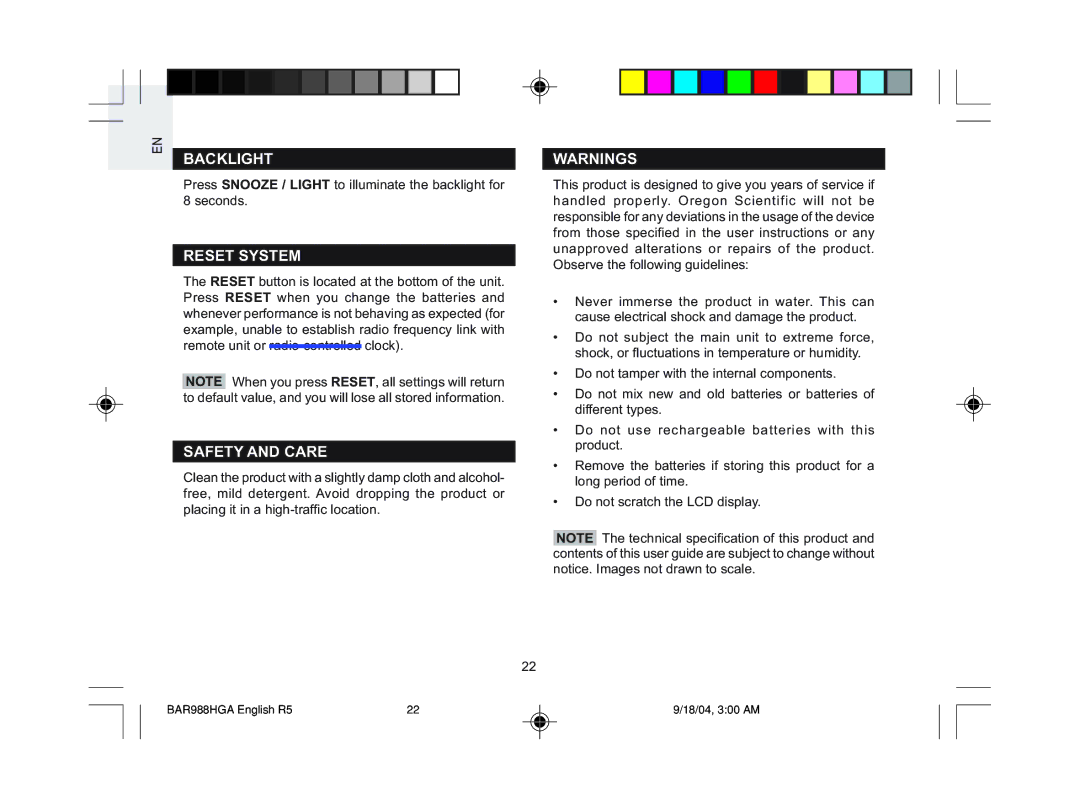 Oregon Scientific BAR988HGA, BAR986HGA user manual Backlight, Reset System, Safety and Care 