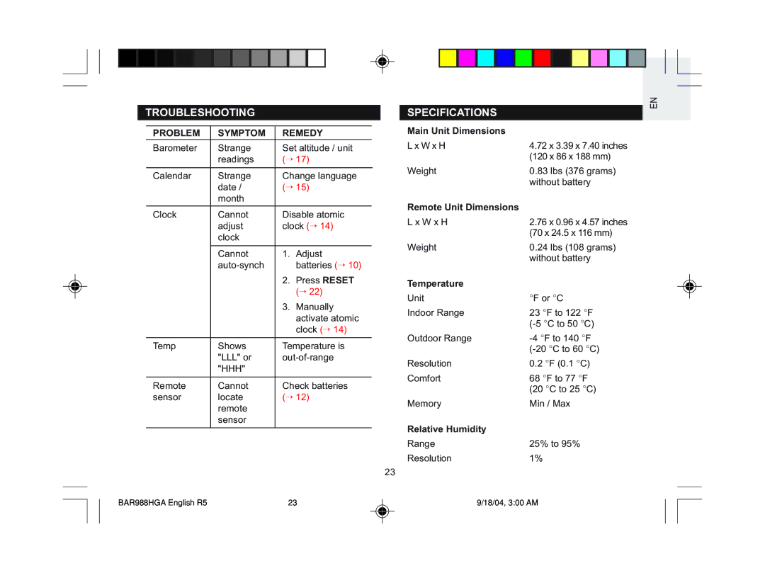 Oregon Scientific BAR986HGA, BAR988HGA user manual Troubleshooting, Specifications, Problem Symptom Remedy 