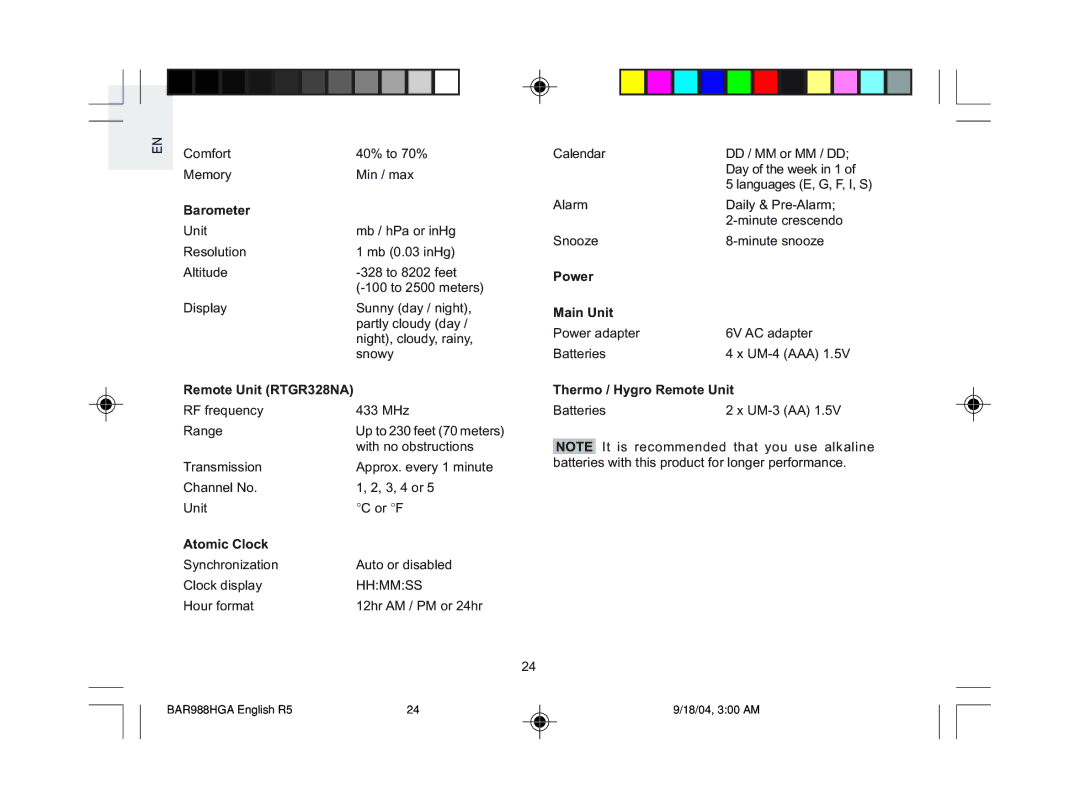 Oregon Scientific BAR988HGA, BAR986HGA user manual Power Main Unit 