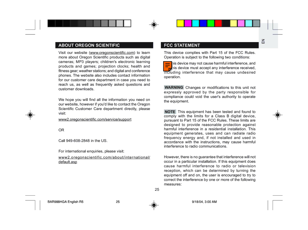 Oregon Scientific BAR986HGA, BAR988HGA user manual About Oregon Scientific, FCC Statement 