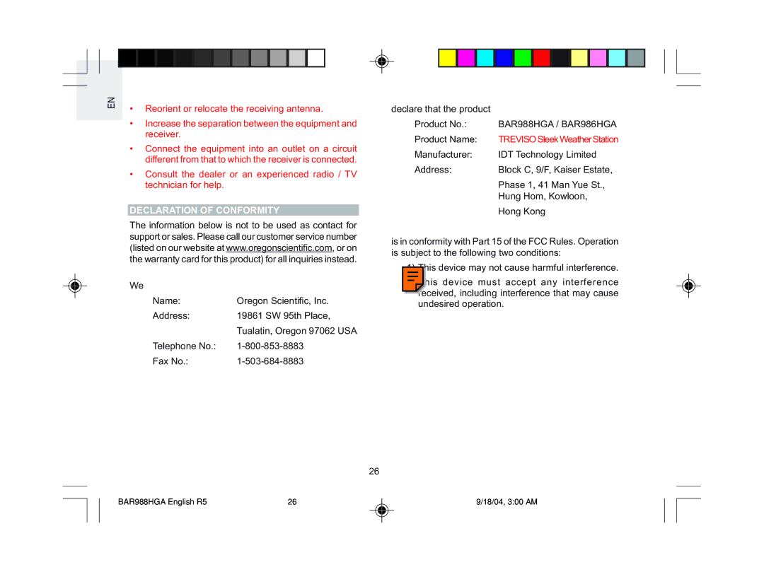 Oregon Scientific user manual Declaration of Conformity, BAR988HGA / BAR986HGA 