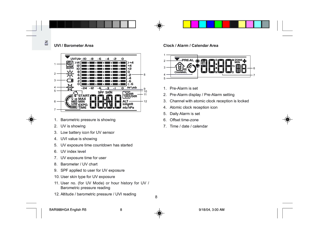 Oregon Scientific BAR988HGA, BAR986HGA user manual UVI / Barometer Area 