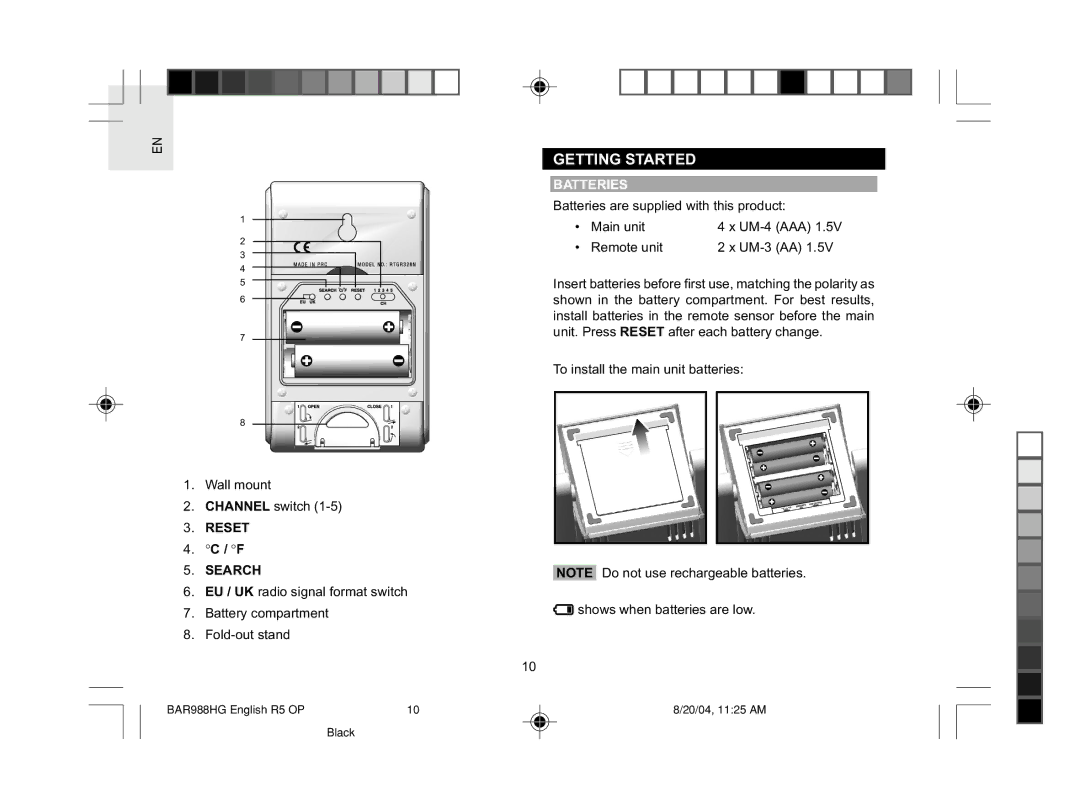 Oregon Scientific BAR988HG user manual Getting Started, Reset Search, Batteries 