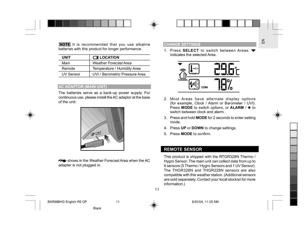 Oregon Scientific BAR988HG user manual Remote Sensor, Unit Location, Change Settings, AC Adaptor Main Unit 