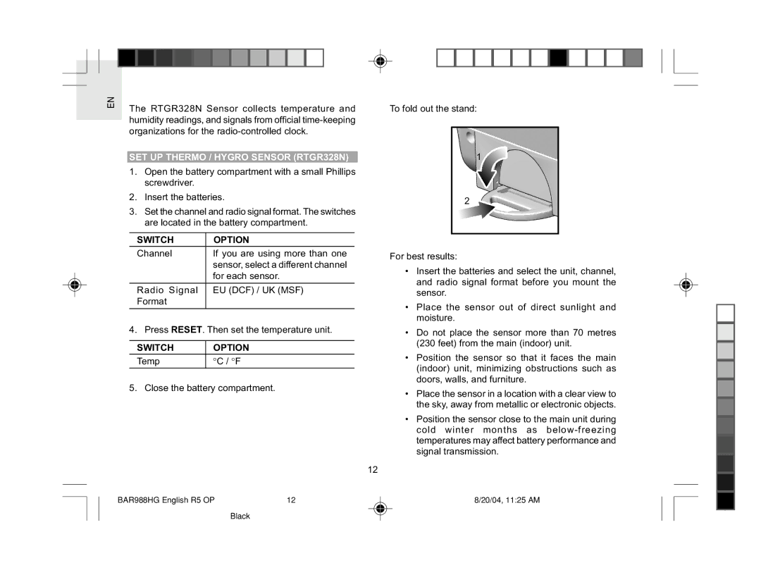 Oregon Scientific BAR988HG user manual SET UP Thermo / Hygro Sensor RTGR328N, Switch Option 