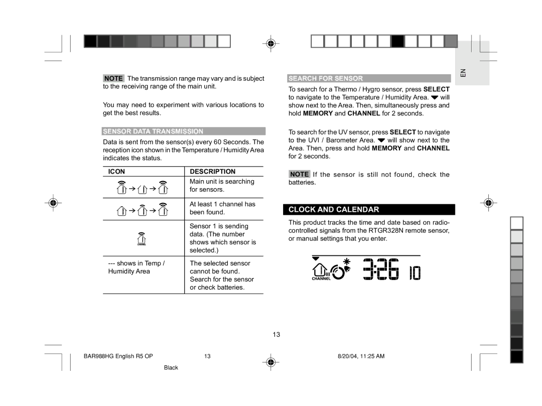 Oregon Scientific BAR988HG user manual Clock and Calendar, Sensor Data Transmission, Icon Description, Search for Sensor 