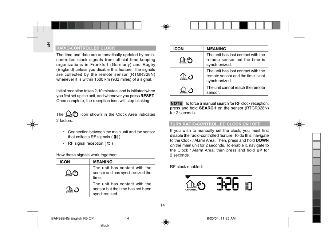 Oregon Scientific BAR988HG user manual Icon Meaning, Turn RADIO-CONTROLLED Clock on / OFF 