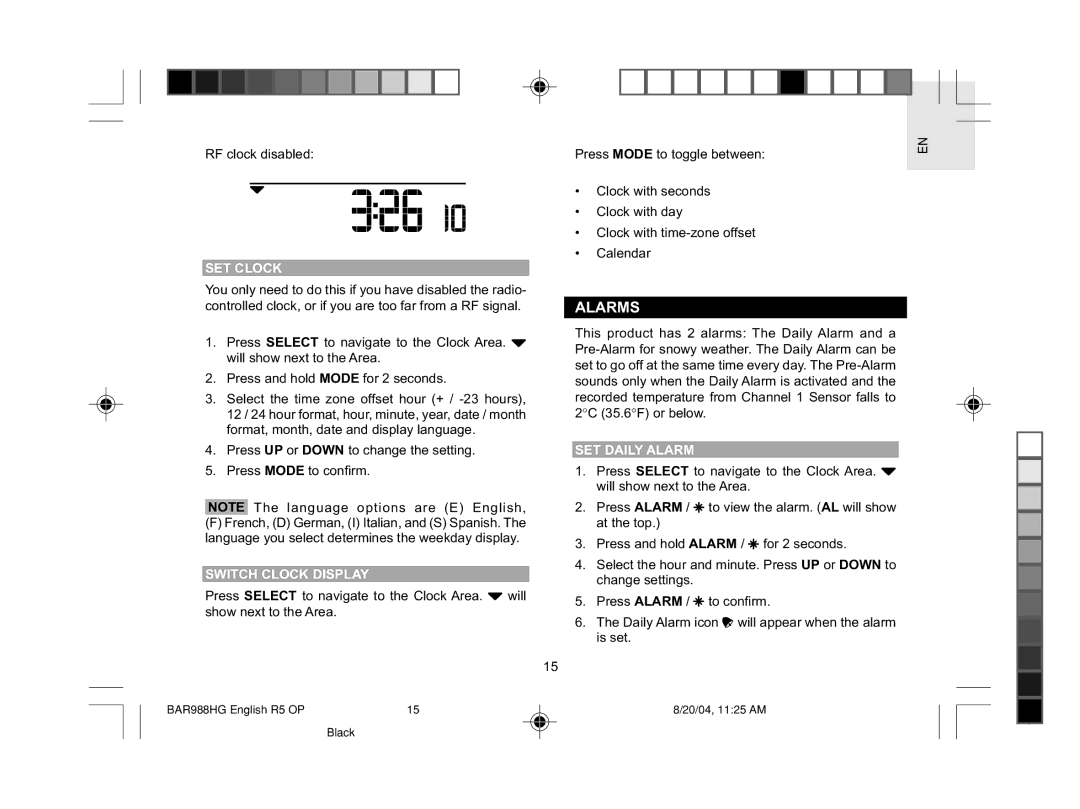 Oregon Scientific BAR988HG user manual Alarms, SET Clock, Switch Clock Display, SET Daily Alarm 