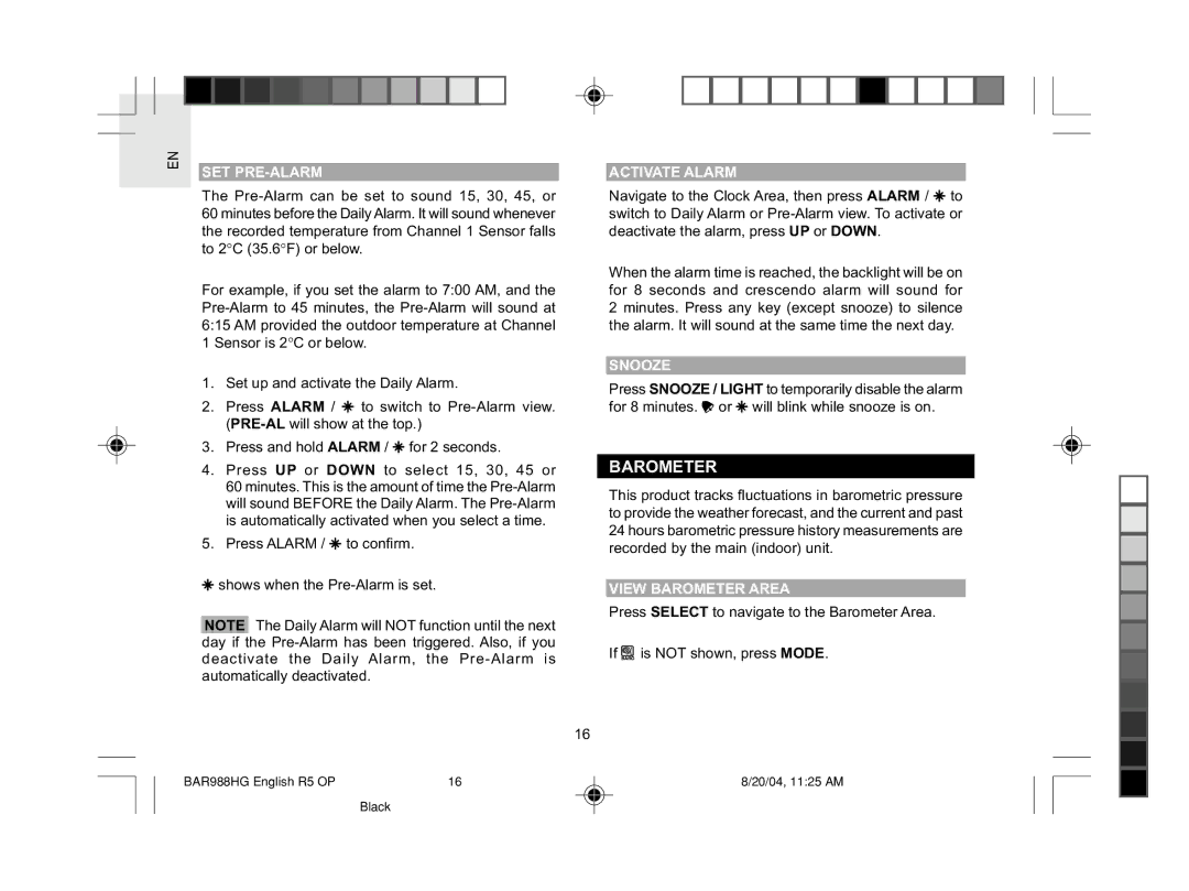 Oregon Scientific BAR988HG user manual Set Pre-Alarm, Activate Alarm, Snooze, View Barometer Area 